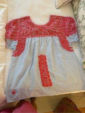 J. Marie Coral Embroidered Blue Stripe Peasant Top